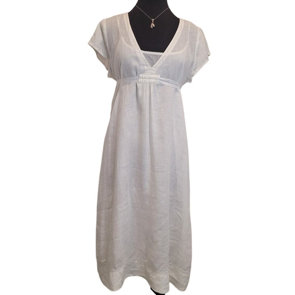 Eileen Fisher White Linen Empire Waist Dress PL Luxe